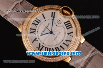 Cartier Ballon Bleu De Large Asia 4813 Automatic Yellow Gold Case with Sliver Dial Diamonds Bezel and Grey Leather strap