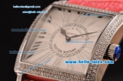 Franck Muller Master Square Swiss Quartz Steel Case Diamond Bezel with Pink Leather Strap and White Dial