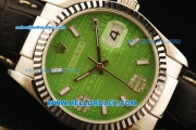 Rolex Datejust Automatic with Green Dial and ETA case-White Bezel-Diamond Marking-Small Calendar-Black Leather Strap