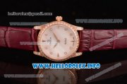 Omega De Ville Prestige Miyota Quartz Rose Gold Case with White MOP Dial Diamonds Bezel and Wine Leather Strap