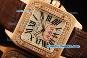 Cartier Santos 100 Swiss ETA 2671 Automatic Movement Rose Gold Case with Diamond Bezel and Brown Leather Strap