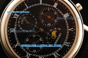 Breguet Moon Phase Lemania Manual Winding Working Chronograph Steel Case with Black Dial and Leather Strap