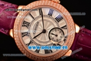 Cartier Ballon Bleu De Small Swiss Quartz Rose Gold Case with Diamonds Bezel White Dial and Burgundy Leather Strap - Black Markers