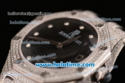 Audemars Piguet Royal Oak Ladies Swiss Quartz Steel/Diamond Case with Black Leather Bracelet and Black Dial - 1:1 Original