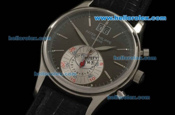 Patek Philippe Complicated Chronograph Swiss Quartz Movement Steel Case with Grey Dial and Black Leather Strap