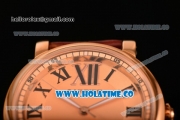 Cartier Rotonde De Miyota Quartz Rose Gold Case with Brown Leather Strap and Rose Gold Dial - Roman Numeral Markers