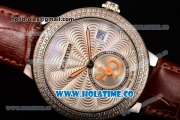 Cartier Rotonde De Swiss Quartz Steel Case with White Guilloche Dial Diamonds Bezel and Brown Leather Strap