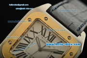 Cartier Santos 100 Medium Swiss Quartz Steel Case Gold Bezel with Black Leather Strap White Dial Roman Markers
