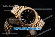 Rolex Day-Date Swiss ETA 2836 Automatic Yellow Gold Case/Bracelet with Black Dial and Stick Markers Diamonds Bezel (BP)