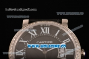 Cartier Rotonde De Miyota Quartz Steel Case with Black Dial Diamonds Bezel and White Roman Numeral Markers