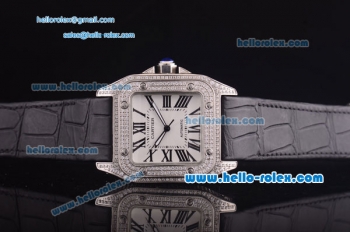 Cartier santos 100 Asia 2813 Automatic with Diamond Bezel and White Dial--Black Leather Strap