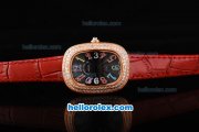 Franck Muller Galet Quartz Movement RG Case with Black Dial and Diamond Bezel-Red Leather Strap Franck Muller Galet Quartz Movement RG Case with Black Dial and Diamond Bezel-Red Leather Strap