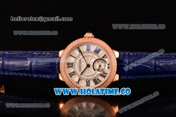 Cartier Ballon Bleu De Small Swiss Quartz Rose Gold Case with Diamonds Bezel White Dial and Blue Leather Strap - Black Markers