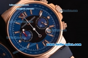 Ulysse Nardin Maxi Marine Chrono Japanese Miyota OS20 Quartz Rose Gold Case with Blue Rubber Strap and Black/Blue Dial