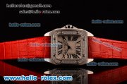 Cartier Santos 100 Medium Japanese Miyota OS2035 Quartz Steel Case with Red Leather Strap Diamond Bezel and White Dial