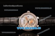 Cartier Rotonde De Swiss Quartz Steel Case with White Guilloche Dial Diamonds Bezel and Black Leather Strap