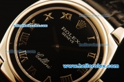 Rolex Cellini Swiss Quartz Steel Case with Black Dial and Black Leather Strap-Roman Markers