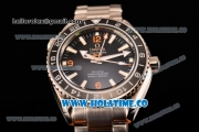 Omega Seamaster Planet Ocean 600M Co-axial GMT Clone Omega 8605 Automatic Full Steel with Black Dial and and Stick/Orange Arabic Numeral Markers (EF)