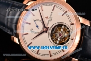 Vacheron Constantin Patrimony Swiss Tourbillon Manual Winding Rose Gold Case with Beige Dial Blue Alligator Strap and Stick Markers