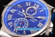 Ulysse Nardin Maxi Marine Automatic Movement Steel Case with Blue Dial and White Roman Numeral Marker-Blue Rubber Strap