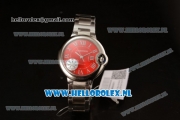 Cartier Ballon Bleu De Japanese Miyota Quartz Steel Case with Red Dial Roman Numberal Markers and Steel Bracelet