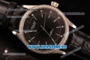 Rolex Cellini Asia Automatic Steel Case with Black Dial Stick Markers and Black Leather Strap - Diamonds Bezel (BP)