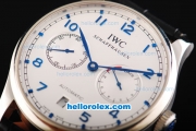 IWC Portuguese Swiss Valjoux 7750 Automatic Movement Steel Case with White Dial and Blue Numeral Markers-Black Leather Strap-Small Calendar-Power Reserve