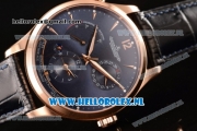 1:1 Jaeger-LECoultre Master Georgraphic Miyota 9015 Automatic Rose Gold Case with Blue Dial Stick Markers and Blue Genuine Leather