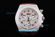 Rolex Daytona Oyster Perpetual Chronometer Automatic with Diamond Bezel,Full Diamond Dail and Black Number Marking-Leather Strap