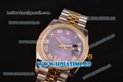 Rolex Datejust Asia 2813 Automatic Two Tone Case with Purple Dial Diamonds Bezel and Roman Numeral Markers (BP)