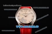 Vacheron Constantin Metiers d'Art Swiss ETA 2824 Automatic Steel Case with White MOP Dial Red Leather Strap and Diamonds Markers