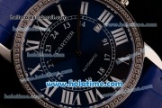 Cartier Ronde Solo Swiss ETA 2836 Automatic Steel Case with Blue Leather Strap White Roman Numeral Markers and Diamond Bezel