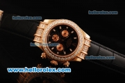 Rolex Daytona Chronograph Miyota Quartz Movement Rose Gold Case with Diamond Bezel and White Markers - Black Leather Strap