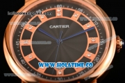 Cartier Rotonde De Miyota Quartz Rose Gold Case with Diamonds Markers Black Dial and Black Leather Strap