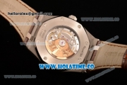 Audemars Piguet Royal Oak 41 MM Clone AP Calibre 3120 Automatic Steel Case with White Dial and Brown Leather Strap - Stick Markers - 1:1 Original (JF)