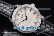 Glashutte Senator Automatic Miyota 9015 Automatic Steel Case with White Dial Diamonds Bezel and Black Leather Strap