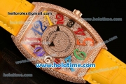 Franck Muller Cintree Curvex Swiss Quartz Rose Gold/Diamonds Case with Diamonds Dial Colorful Numeral Markers and Yellow Leather Strap