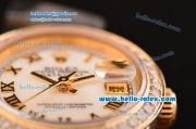 Rolex Datejust Swiss ETA 2671 Automatic Gold Case with White Dial Diamond Bezel and Roman Numeral Markers-Lady Size