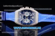 Franck Muller Vanguard Miyota OS20 Quartz Steel Case with Blue Dial Blue Leather Strap Arabic Numeral Markers and Diamonds Bezel