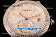 Cartier Rotonde De Swiss Quartz Steel Case with White Guilloche Dial Diamonds Bezel and Black Leather Strap