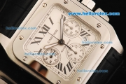 Cartier Santos 100 Chronograph Swiss ETA 7750 Automatic Movement Steel Case with White Dial and Black Leather Strap