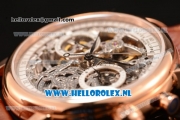 Patek Philippe Complications Chronograph 7750 Auto Rose Gold Case with Skeleton Dial and Brown Leather Strap