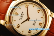 Rolex Cellini Swiss Quartz Yellow Gold Case with White Dial and Brown Leather Strap-Numeral Markers