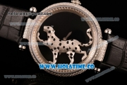 Cartier Le Cirque Animalier de Swiss ETA Quartz Diamond Case with Black Leather Strap