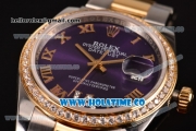 Rolex Datejust Asia 2813 Automatic Yellow Gold/Steel Case with Purple Dial Roman Numeral Markers and Diamonds Bezel (BP)