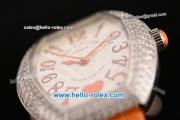 Franck Muller Heart Swiss Quartz Steel Case with Orange Leather Strap Diamond Bezel and White Dial - ETA Coating