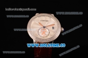 Cartier Rotonde De Swiss Quartz Steel Case with White Guilloche Dial Diamonds Bezel and Brown Leather Strap