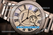 Cartier Rotonde De Miyota Quartz Steel Case/Bracelet with White Dial Diamonds Bezel and Black Roman Numeral Markers