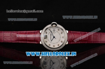 Cartier Ballon Bleu De Large Miyota Quartz Steel Case with Diamonds Bezel White MOP Dial and Burgundy Leather Strap