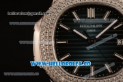 Patek Philippe Nautilus Miyota 9015 Automatic Diamonds/Steel Case with Blue Dial Diamonds Bezel and Green Leather Strap (AAAF)